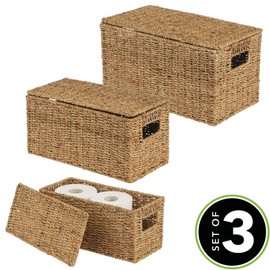 mDesign Natural Woven Seagrass Closet Storage Organizer Basket Bin with Removeable Lids to use in Closet, Bedroom, Bathroom, Entryway, Office - Set of 3 - Natural Finish