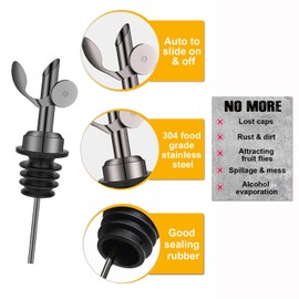 WAFJAMF Weighted Stainless Steel Bottle Pourers, Auto Flip Feature Self Closing Olive Oil Dispenser Spout with 1 Cleaning Brush, Liquor Pour Spouts for Pours Liquid, Olive Oil, Wine, Vinegar (Black)