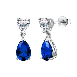 FANCIME Women's Birthstone Earrings, 12 Months, Birthstone Drops, Heart Motif, Zirconia, Silver, S925, Amulet Stone, Accessory, Christmas Gift, Gift, Reward, Wrapping Included, Silver, Sapphire