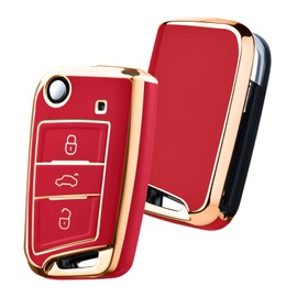 OATSBASF Car Key Cover for VW Golf 7 Key Box/Key Case Cover for VW, Polo, Skoda, Seat, 3 Buttons (Golden Edge Red)