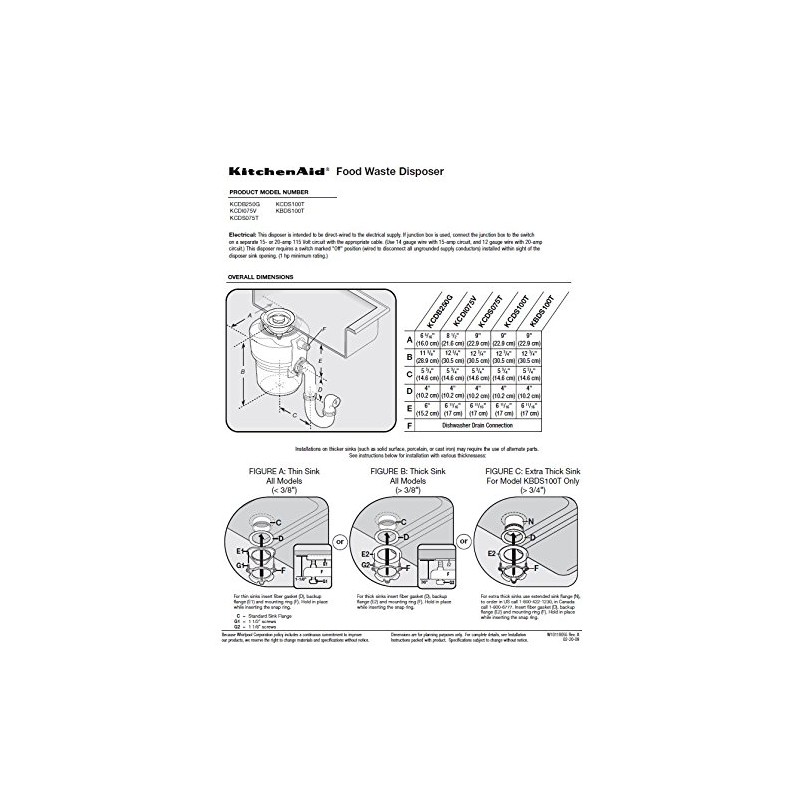 Kitchen Aid (84211643) KCDB250G 1/2 HP Continuous Feed Garbage Disposal