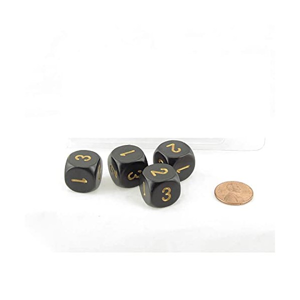 Black Opaque Dice with Gold Numbers D3 (D6 1-3 Twice) 16mm (5/8in) Pack of 4 Wondertrail