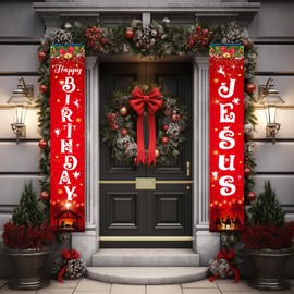 Christmas Nativity Banners for Front Door, Happy Birthday Jesus Religious Christmas Party Decorations, Large Nativity Scene Outdoor Signs for Yard, Jesus Christmas Banners for Outside Yard Decor