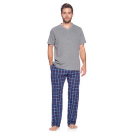 Ashford & Brooks Men's Woven Short Sleeve Jersey Top & Pajama Pants Set - Blue/Burgundy - Large