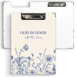 Ku-dayi Blue Christian Floral Clipboard Padfolio with Storage Pocket, God is Good All The Time Bible Verse Wildflower Low Profile Clip Boards for Nurse Office Classroom, 12.4 x 9.25 in