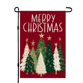 CROWNED BEAUTY Merry Christmas Trees Garden Flag 12x18 Inch Double Sided Small Burlap Holiday Red Yard Decoration for Outside