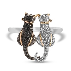 TJC White Diamond and Natural Black Diamond Twin Cat Ring for Women Size J with Prongs Setting in Platinum and Yellow Gold Plated 925 Sterling Silver April Birthstone Metal Wt. 3.75 Grams