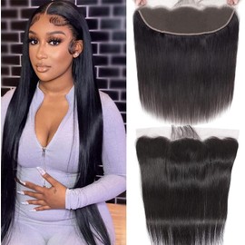 DUAUJUIU Lace Frontal Closure 13 x 4 Swiss Lace Real Hair Human Hair Pre Plucked Lace Closure with Natural Hairline Black Unprocessed Remy Hair Straight 10 Inches (25 cm)