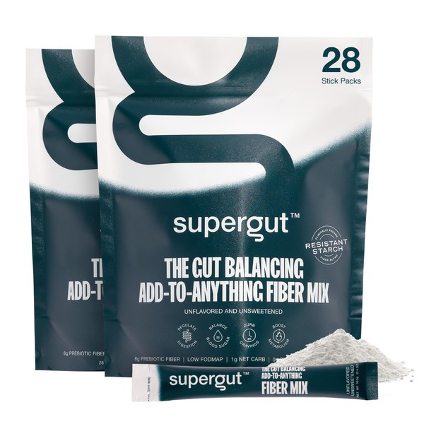 Supergut Daily Prebiotic | High Fiber Supplement Mix | Gut Health | Low fodmap | Soy Free | Keto Friendly | 8g Fiber | 0g Sugar | Unflavored Plant Based Supplement Powder (56 Servings, 2 Bags)