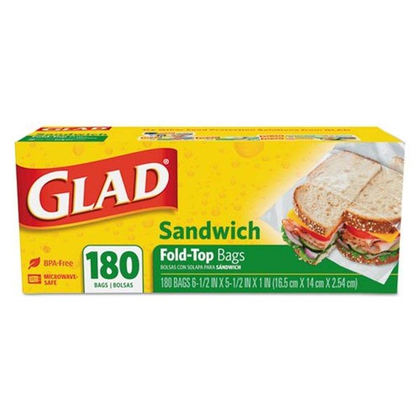 Glad 60771 Fold-Top Sandwich Bags, 6 1/2 x 5 1/2, Clear, 180 per Box, 12 Pack