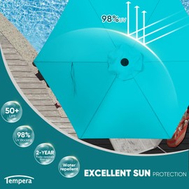 Tempera 7.5ft Patio Market Outdoor Table Umbrella with Push Button Tilt and Crank, Large Sun Umbrella with Sturdy Pole & Fade Resistant Canopy, Easy to Set, Turquoise