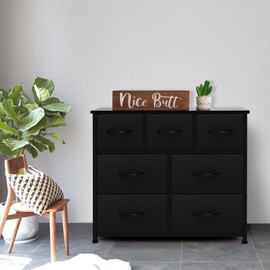 AZL1 Life Concept Storage Organizer 7-Drawer Closet Shelves, Sturdy Steel Frame Marbling Wood Top with Easy Pull Fabric Bins for Clothing, Black