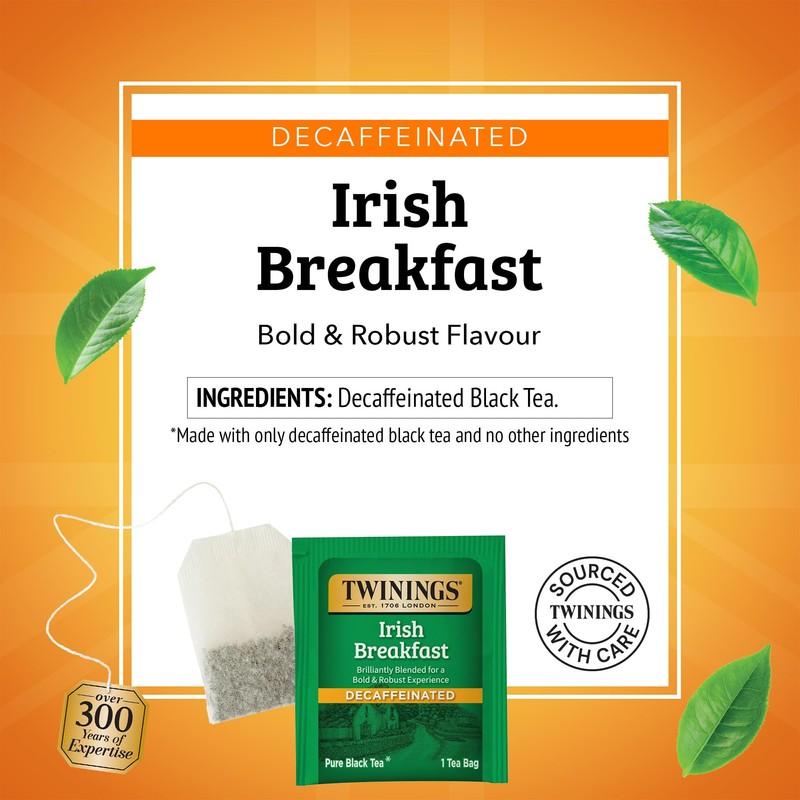 Twinings Decaffeinated Irish Breakfast Black Tea Individually Wrapped Bags, 20