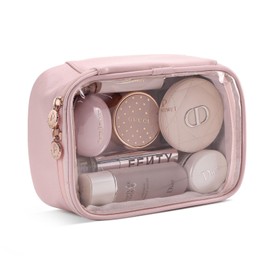 Pocmimut - Bolsa de maquillaje transparente, piel sintética, bolsa de maquillaje, accesorios de coche, organizador esencial de viaje, para mujeres y niñas, Rosa (F-Pink), Pequeño, Largo