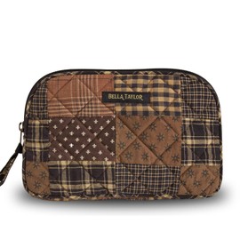 Bella Taylor Large Quilted Cotton Makeup Pouch for Women, Travel Cosmetic Bag, Quilted Cotton Ironstone Black and Brown Patchwork