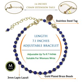 Morchic Blue Lapis Lazuli Natural Gemstone Adjustable Bracelet for Women, 3mm Mini Beads Energy Gem Charm Jewelry, Birthday Gift 7.1"