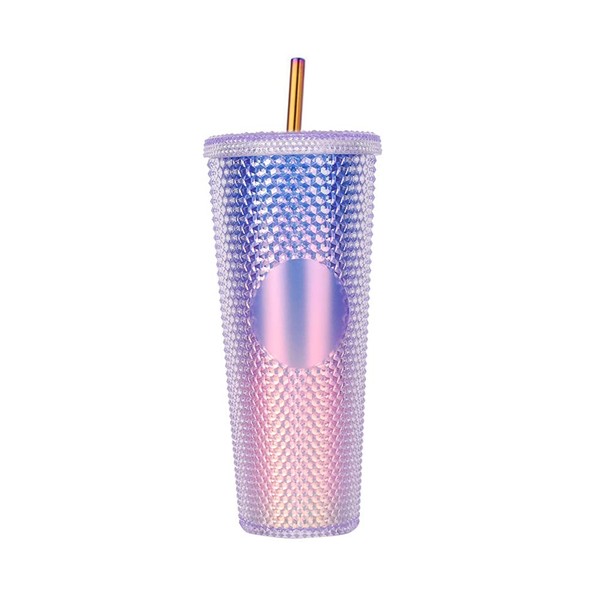 Studded Cups with Lids and Stainless Steel Straw, Double Walled Tumbler for Iced Coffee or Water, 710ml Large Cold Cups - Aurora
