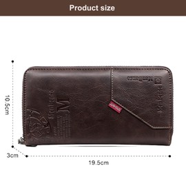YUEcthynous Long Wallets Men's Wallet PU Leather Zip Wallet Many Card Slots with Hand Strap Large Capacity Single Zip Men's Wallet (Dark Coffee), Dark coffee, M, Retro
