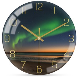 WONZOM 10 Inch Northern Lights Wall Clock, Silent Non Ticking Battery Operated Clocks Decorative, Black and Gold Glass Wall Clocks for Living Room Bathroom Kitchen Bedroom Office