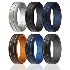 ROQ Alianza de boda de silicona para hombre, anillo de goma de silicona transpirable, borde biselado, 2 líneas, diseño dúo – ranuras en forma de flecha interior para mayor transpirabilidad, 13.5 - 14 (22.69mm), Silicona, Sin gemas.,
