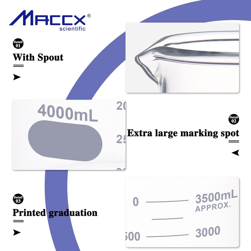 Maccx 170oz(4000ml) Sturdy Glass Beaker, Heavy-Duty Lab Beaker, 3.3 Borosilicate