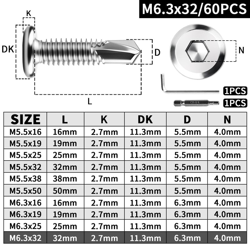 XRXYMQ 60 Pcs Self Drilling Screws M6.3 x 32 mm