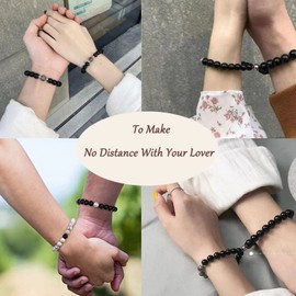 Couples Bracelets Magnetic Bracelets, Natural Stone Beaded Friendship Bracelets with Couple Necklace, Long Distance Relationships Gifts Adjustable for Women, Girl, Lover, Best Friend 2Pcs
