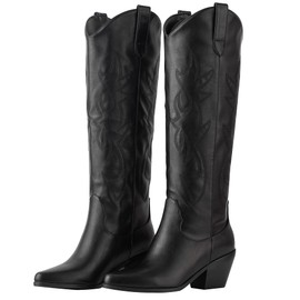 ZXHYZLZ Black Cowboy Boots For Women -Wide Calf Knee High Cowgirl Boots Botas Vaqueras Para Mujer Slip On Pointed Toe Thick Heel western Tall Boots Great For Country Concerts and Parties Size 10