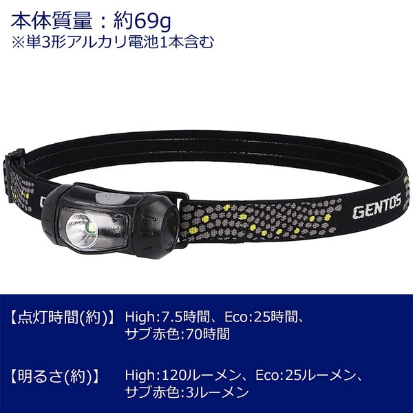 GENTOS CP-195DB LED Headlight, Brightness 120 Lumens, Operation Time 7.5