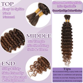 Human Braiding Hair Mix Synthetic Boho Hair for Braiding, 16 Inch Deep Wave Bulk for Boho Braids 2 Pcs Curly Bohemian Wet and Wavy Braiding Hair (4/30#, 16 Inch)
