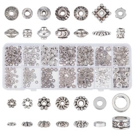 PandaHall 420pcs Tibetan Metal Beads 14 Styles Silver Spacer Beads Daisy Snowflake Rondelle Beads Jewelry Beads Charm Spacer Alloy Beads Loose Beads Kit for Bracelet Necklace Earrings Jewelry Making