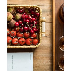 Woven Rattan Baskets Tray Set, Rectangular and Round Baskets with Wooden Handles, 2-Piece, Natural - Perfect for Serving Fruit-Produce, Vegetables-Produce, Food, Storage, Picnic, and Home Decoration