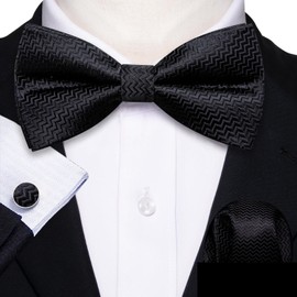 Barry.Wang Black Bow Tie Set Men Striped Silk Pre-Tied Bowtie Pocket Square Cufflinks Formal Wedding Party Prom