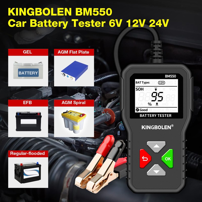 KINGBOLEN BM550 6V 12V 24V Car Battery Tester, 100-2000 CCA