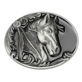 Horse Belt Buckle for Men, Norse Viking Horse Head Oval Belt Buckle, Punk Horse Engraved Feather Leaf Belt Buckle, Western Cowboy Belt Buckle, Best Man Wedding Belt Buckle Gifts (Silver)