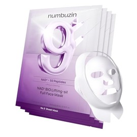 numbuzin No.9+ NAD+ BIO Máscara de elevación completa para el rostro, mascarilla reafirmante de dos piezas con péptidos y colágeno para un acabado de piel suave y definido, 4 hojas + banda elevadora