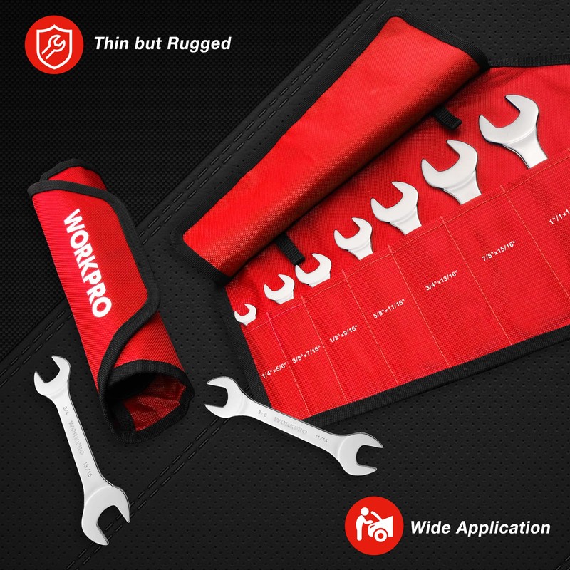 WORKPRO SAE Super-Thin Open End Wrench Roll-up Set, 7PCS, 1/4"