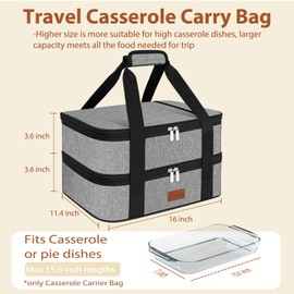 iaodia Double Casserole Carrier Bag，Expandable Thermal Food Carrier Insulated Travel Carry Bag for Hot or Cold Food for Picnic Cookouts Potluck Parties Fits 9" x 13" Baking Dish (Gray)