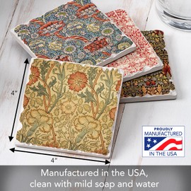 Thirstystone William Morris Textile Prints 4-Pack Assorted Tumbled Tile Stone Coasters with Protective Cork Backing Manufactured in The USA
