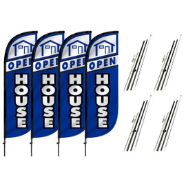 LookOurWay Feather Flag Set 4-Pack - 5ft Tall Open House Sign for Real Estate Advertising - Includes 4 Banner Flags, 4 Pole Sets, and 4 Ground Spikes (Blue,10M5000079)