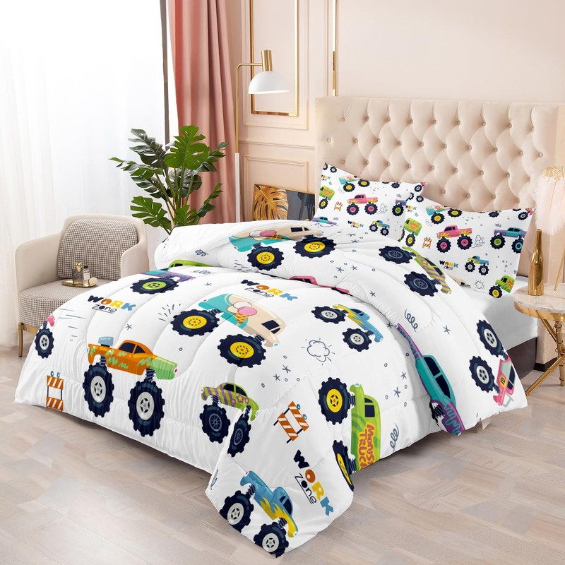 Nttopship Kids Comforter Set for Boys,Cartoon Monster Car 3 Pieces