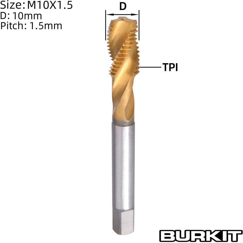 Burkit M10 X 1.5 Spiral Flute Tap, HSS Titanium Coated