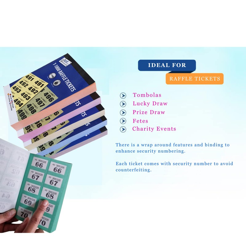 ZEBTON 6 x Raffle Tickets Books 1-1000 Cloakroom Tickets Lucky