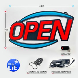 MaxLit 32'' X 17'' New Jumbo ULTRA BRIGHT LED Open Sign — Remote Controlled — Dynamic Light Modes — Enhance Your Business Presence [Red/Blue]