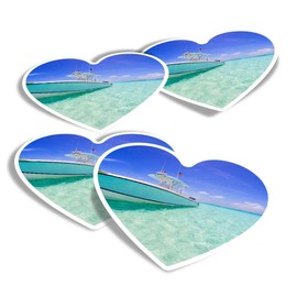 Vinyl Heart Stickers (Set of 4) - Fishing Boat Bahamas Holiday Beach Fun Decals for Laptops,Tablets,Luggage,Scrap Booking,Fridges #8099