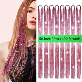 Hair Tinsel Pink 50inch 8packs 1600 Strands Glitter Tinsel Hair Extensions Heat Resistant Highlights Sparkling Fairy Hair for Kids Women Girls(50 Inch, Rouge Pink)