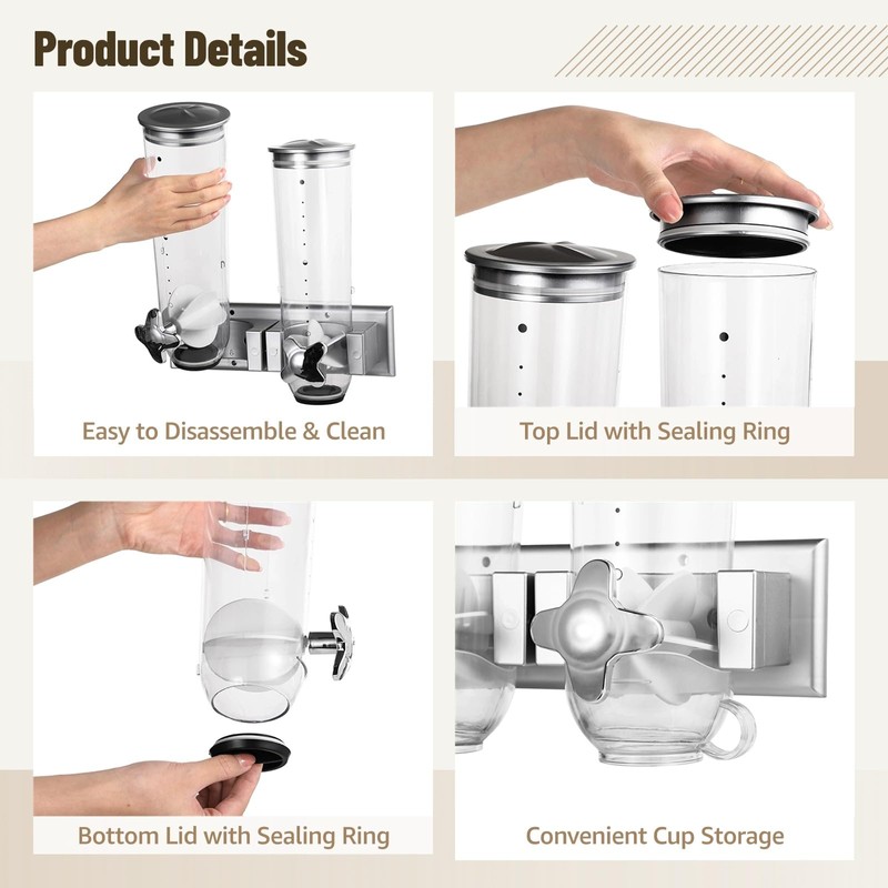 Dual-Headed Wall-Mounted Cereal Dispenser, 3L Large Capacity Dry Food Dispenser,