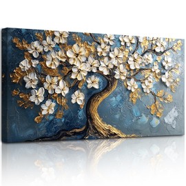 SERIMINO Gold Tree of Life Large Wall Art, Abstract Tree Oil Painting Art Prints, Cherry Blossom Flower Canvas Art Wall Decor, Modern Aesthetic Wall Pictures for Living Room Bedroom Office 30"X60"