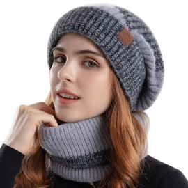WANYIG Women's Knitted Hat Winter Hat Scarf Set Warm Soft Beanie Hat Loop Scarf Set Knitted for Autumn Winter 55-60 cm, gray