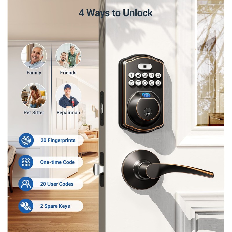 Veise Fingerprint Door Lock with 2 Lever Handles - Keyless